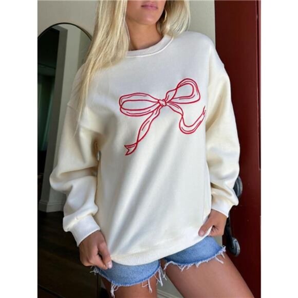 Bow Crew Neck Drop Shoulder Sweatshirt - Picture 1 of 4